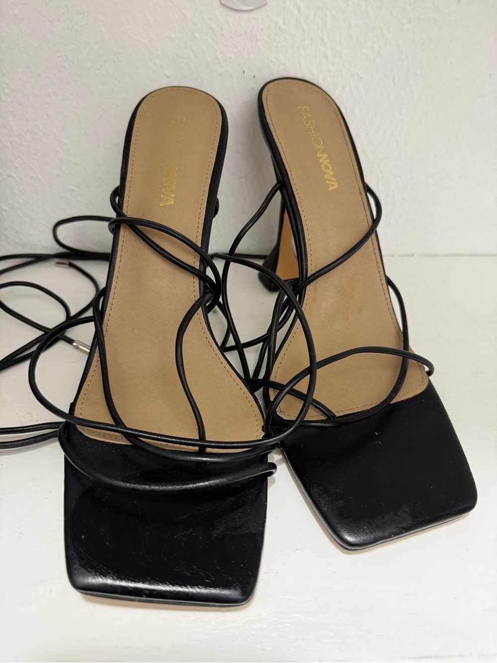 Fashion Nova Black Strappy Square-Toe Heeled Sandals